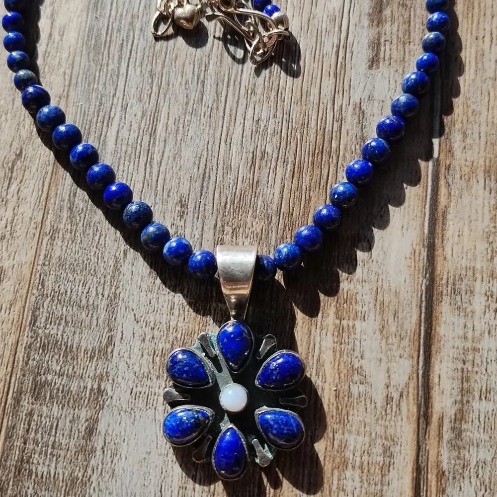 Jay King DTR mine finds Lapis necklace Lapis Agate flower pendant 925 Sterling S - Picture 2 of 8